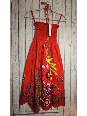 Alki'i Red Floral Sundress Halter Smocked Dress One Size S 100% Cotton New